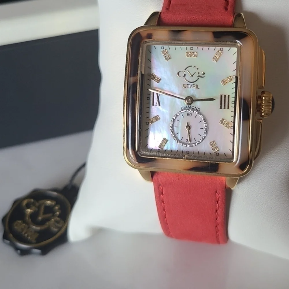 GV2 Gevril Bari Tortoise Diamond Watch, Red Suede Strap, NWT